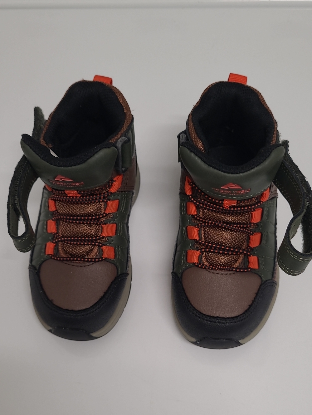 Ozark Trail Olive Green and Brown Kids Outdoor Boots with Orange Accents